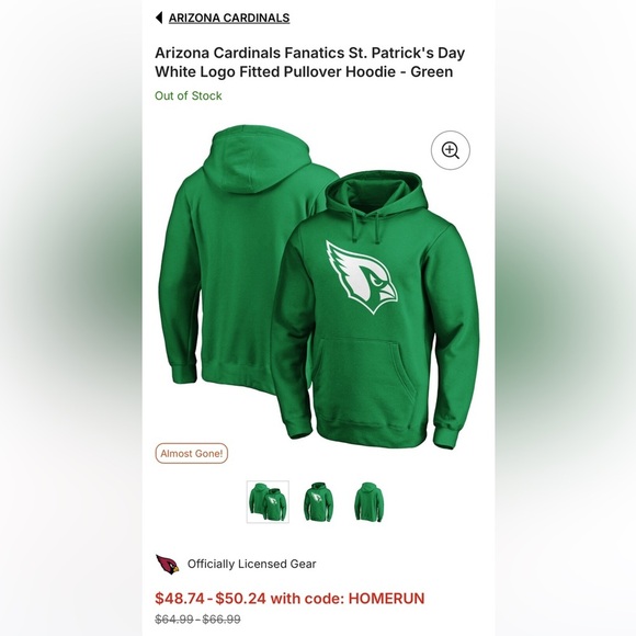 Women’s Fanatics Kelly Green NFL Arizona Cardinal’s Pullover Hoodie Medium - Picture 8 of 16